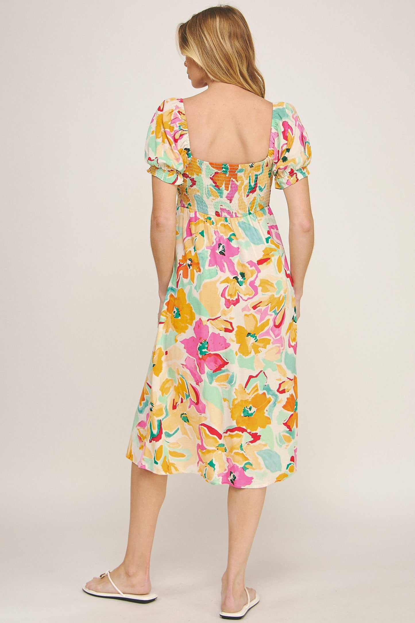 Sunset Bloom Puff Sleeve Midi Dress