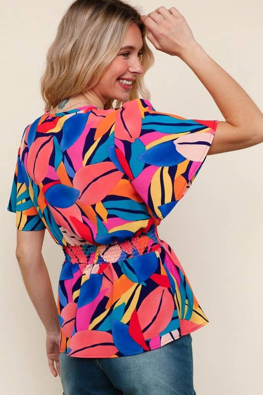 Tropical Mosaic Smocked Peplum Top