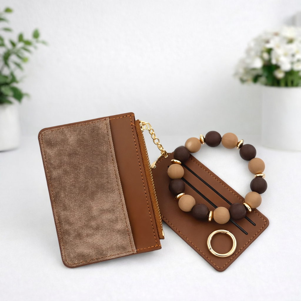 Denim Suede Bracelet Keychain & Card Holder Wallet