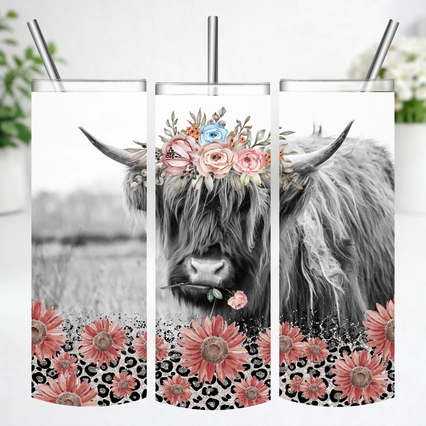 Boho Highland Cow Blossom Tumbler