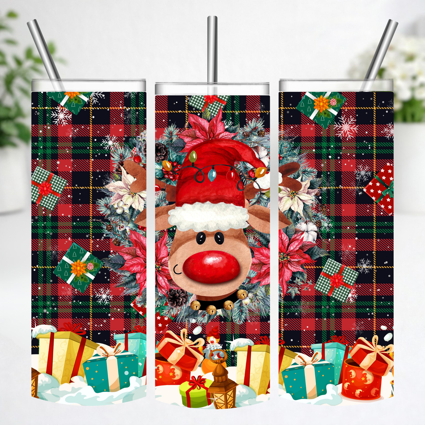 Plaid Reindeer Christmas Tumbler
