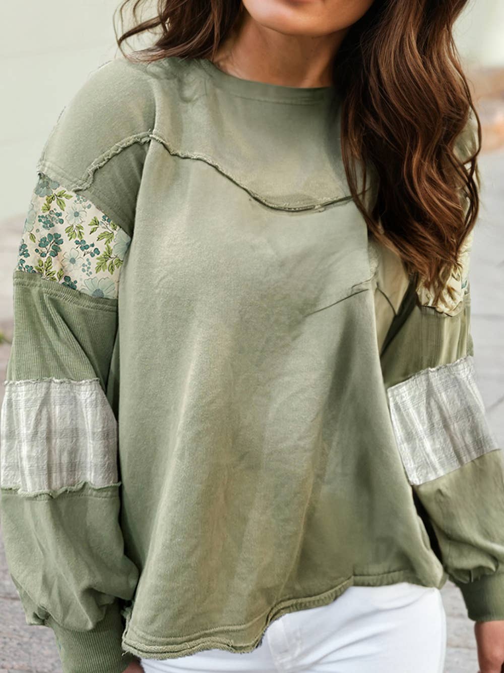 🌿 Meadow Breeze Floral & Plaid French Terry Top