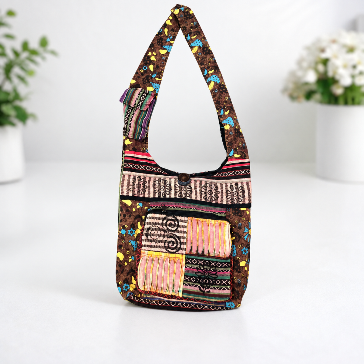 Brown Multi Patch Golden Bag