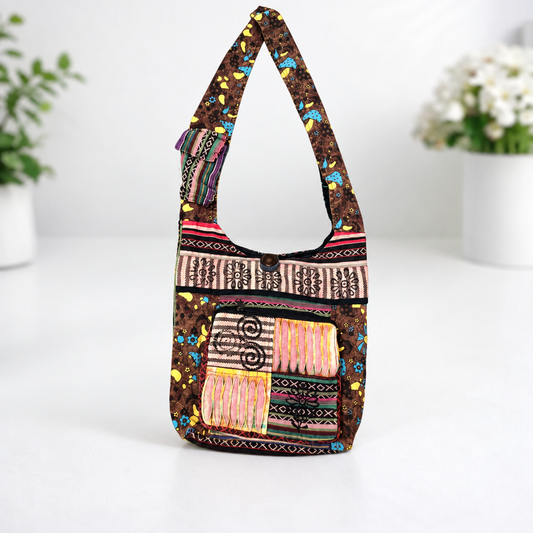 Brown Multi Patch Golden Bag