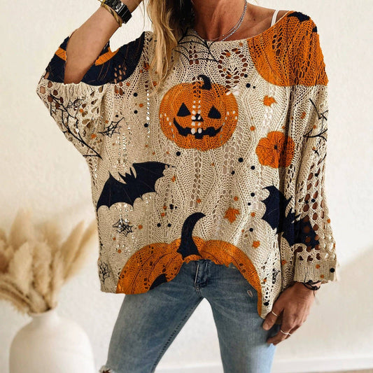 Spooky Charm Pumpkin & Bat Crochet Sweater 🎃🦇