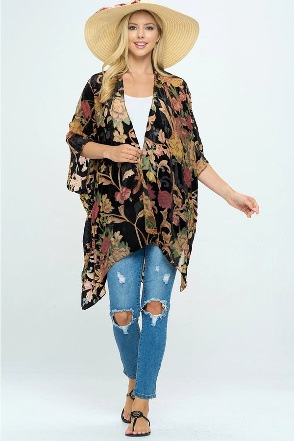 Floral Print Velvet Kimono