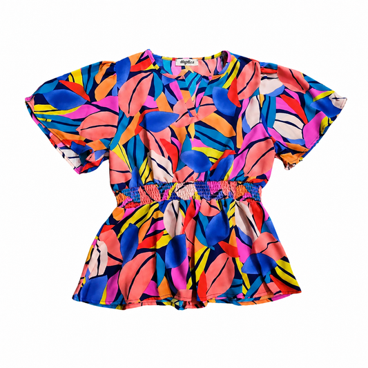 Tropical Mosaic Smocked Peplum Top