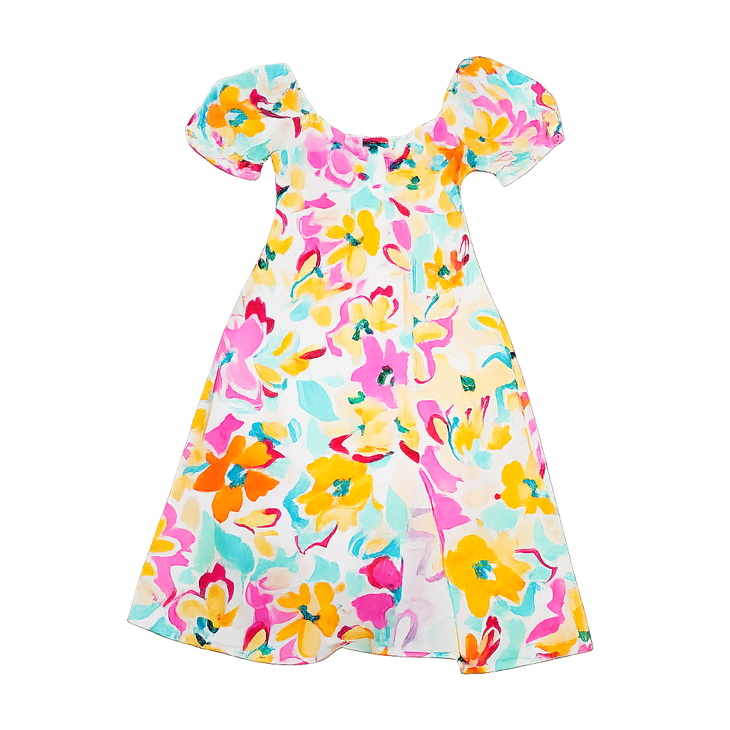 Sunset Bloom Puff Sleeve Midi Dress