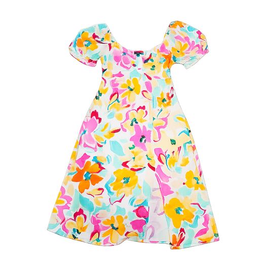 Sunset Bloom Puff Sleeve Midi Dress