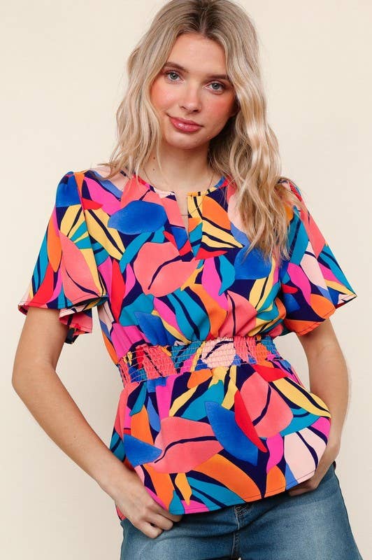 Tropical Mosaic Smocked Peplum Top