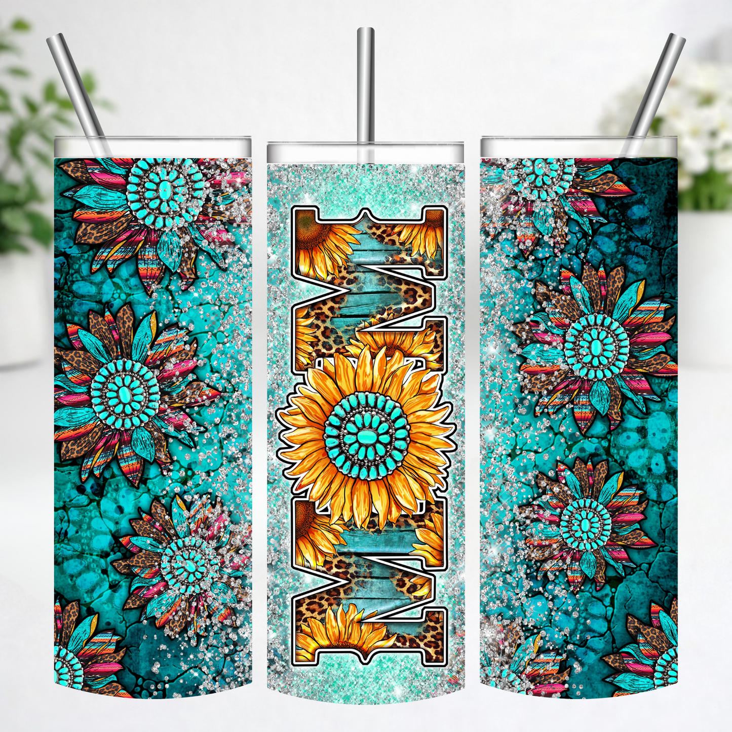 Turquoise Sunflower Mom Tumbler