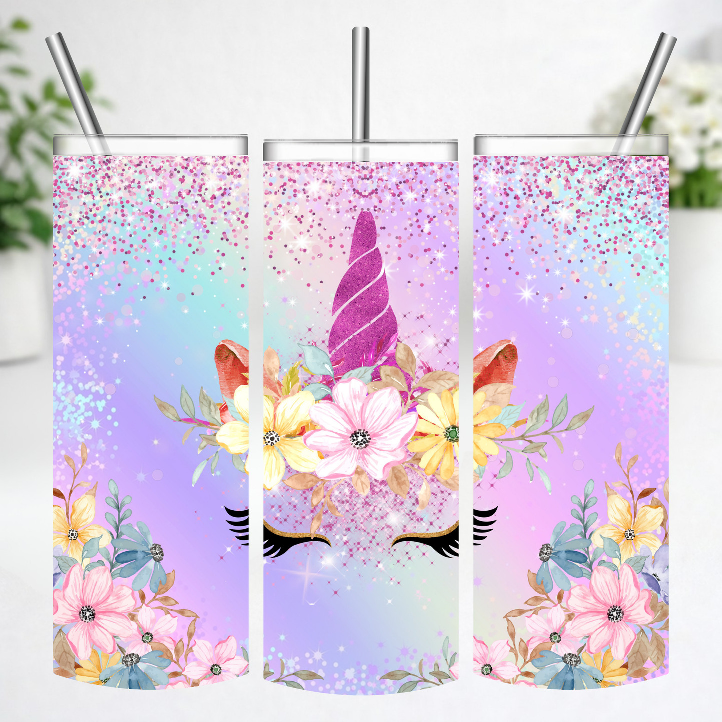 Floral Unicorn Sparkle Tumbler