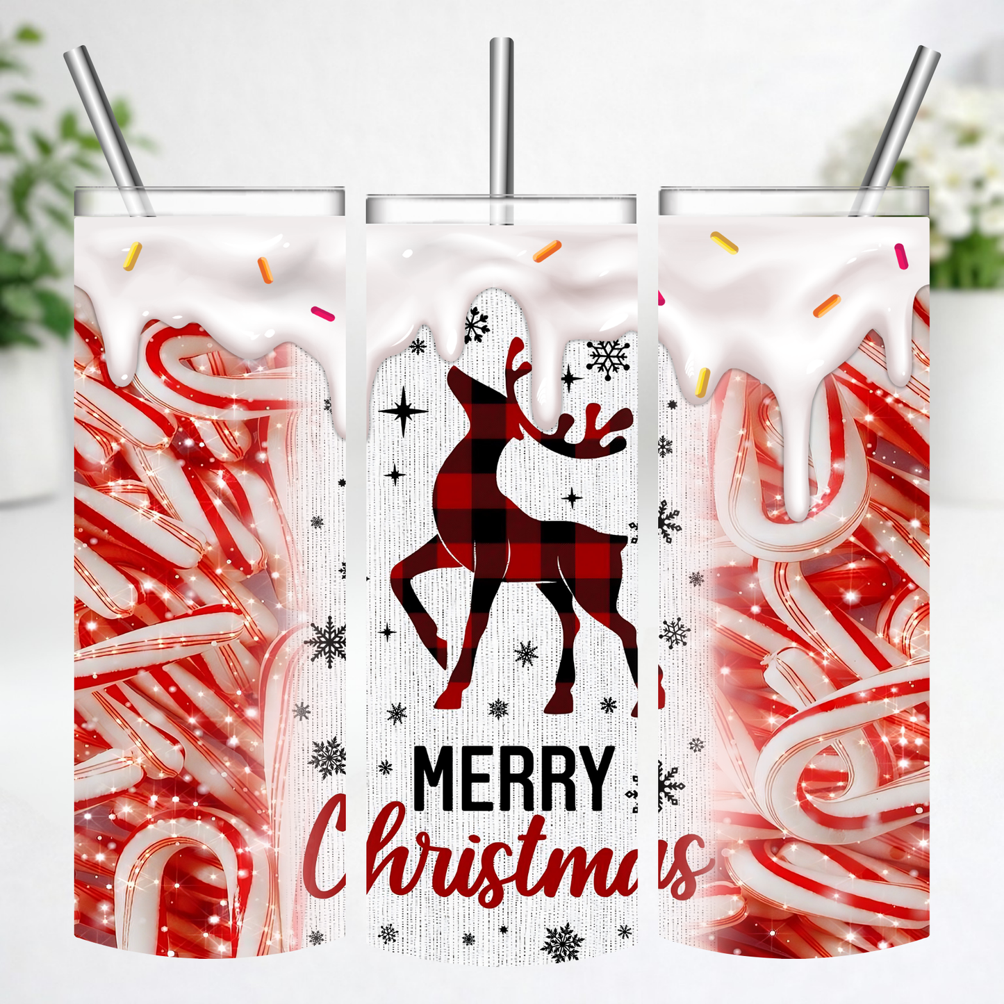 Candy Cane Christmas Reindeer Tumbler