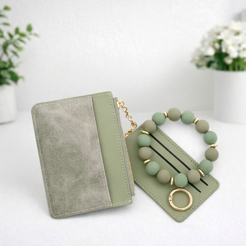 Denim Suede Bracelet Keychain & Card Holder Wallet