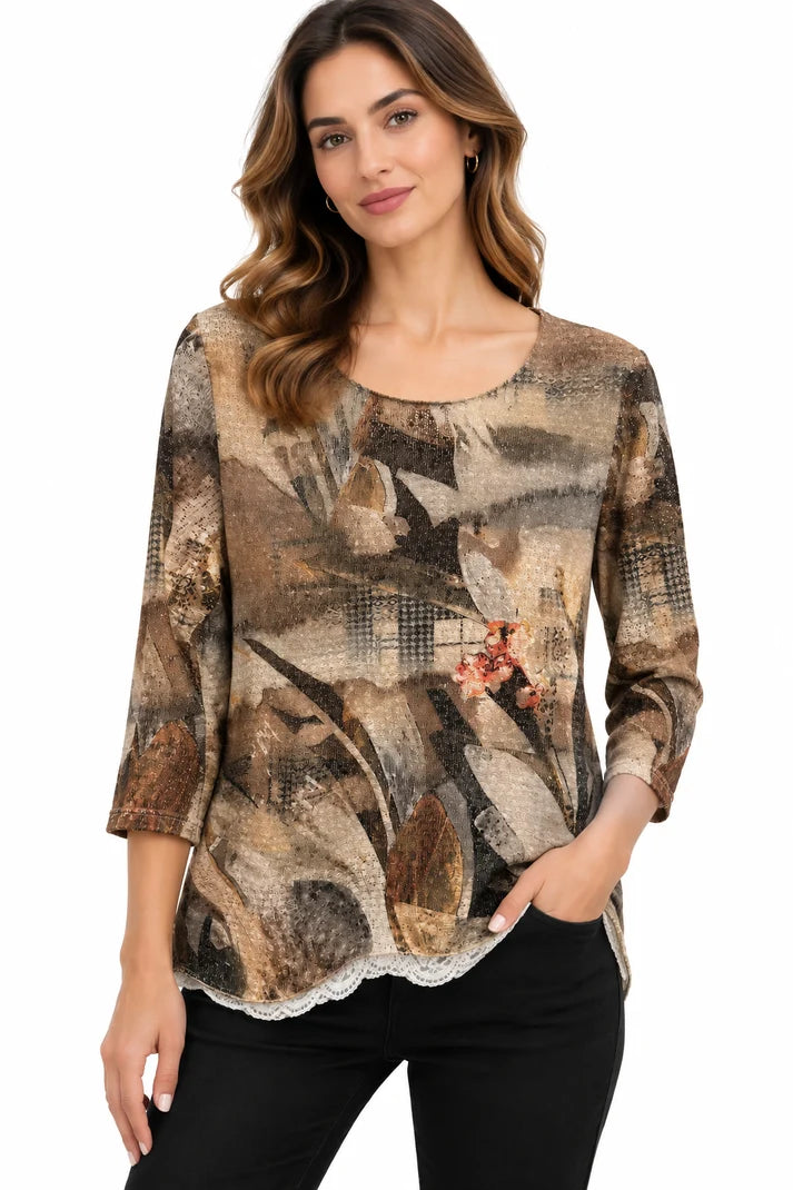 Women’s Brown Abstract Art Round Neck Top