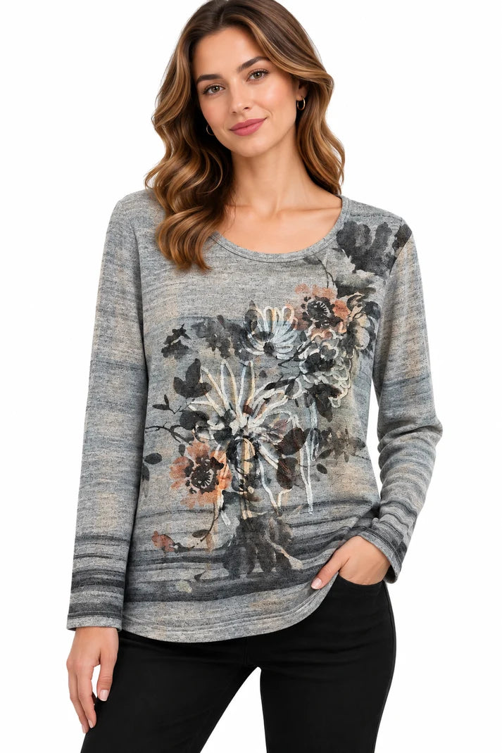Women’s Grey Multi Flower Watercolor Artistic Top