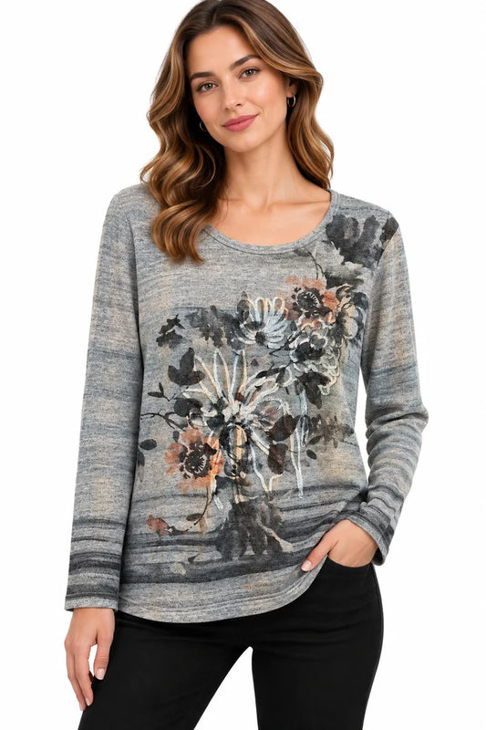 Women’s Grey Multi Flower Watercolor Artistic Top