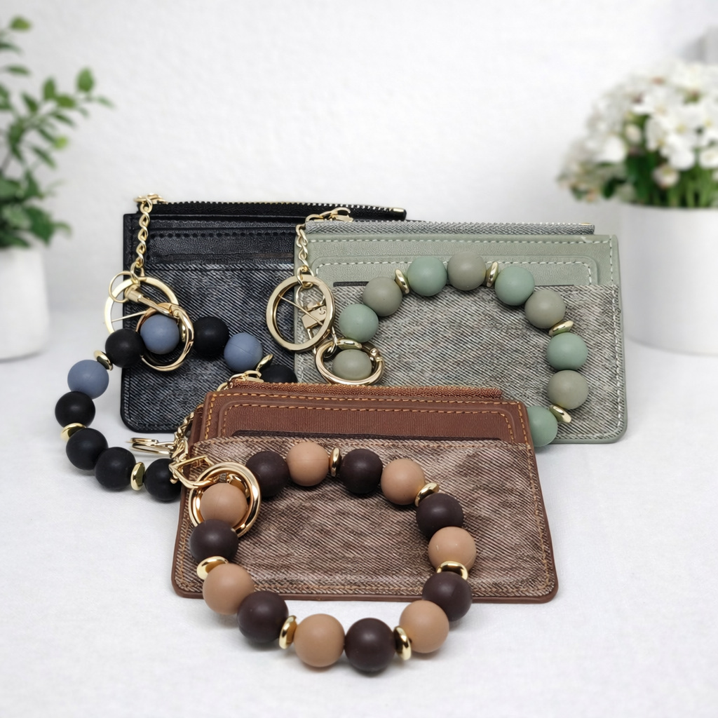 Denim Suede Bracelet Keychain & Card Holder Wallet