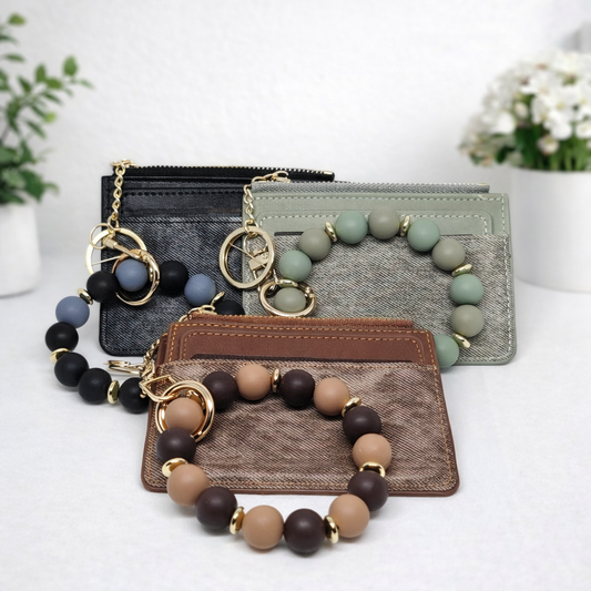 Denim Suede Bracelet Keychain & Card Holder Wallet