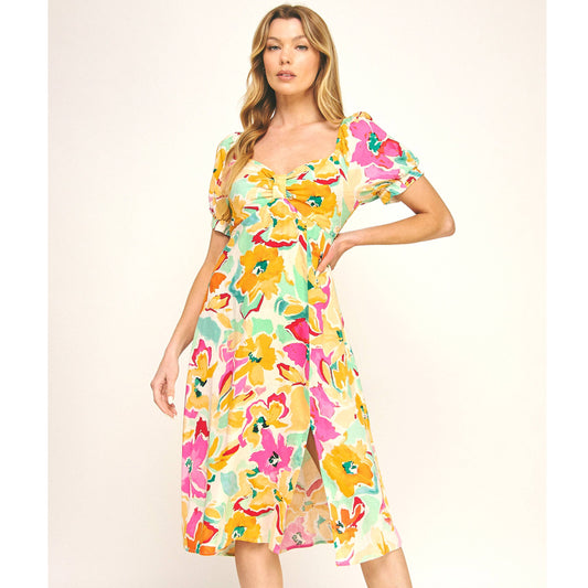 Sunset Bloom Puff Sleeve Midi Dress