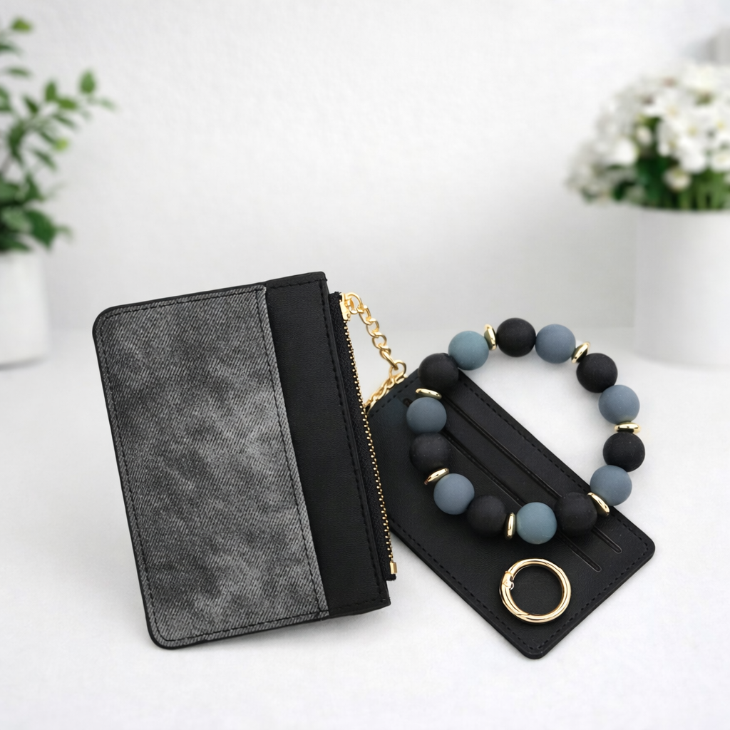 Denim Suede Bracelet Keychain & Card Holder Wallet
