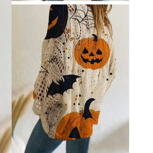 Spooky Charm Pumpkin & Bat Crochet Sweater 🎃🦇